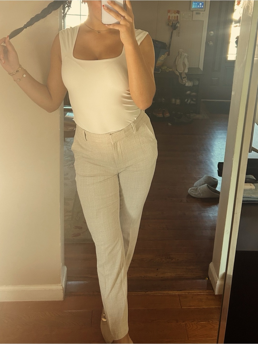H&M High-Rise Cream Plaid Dress Pants